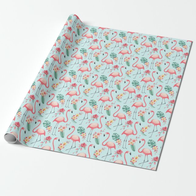 Papel De Presente Flamingos Flores Tropicais Padrão de Aquarela (Desenrolado)