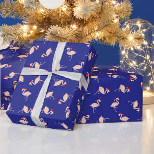 Papel De Presente Flamingos Fofo do Papai Noel Padrão Natal Azul Esc