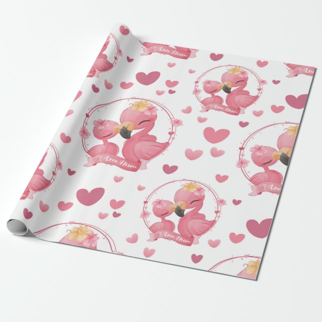 Papel De Presente Flamingos Fofos Eu Amo Mamãe (Desenrolado)