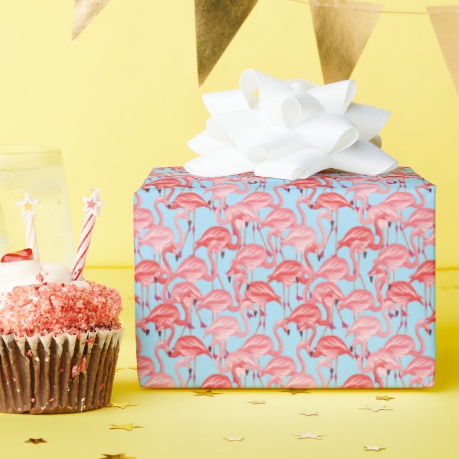 Papel De Presente Flamingos Rosa Brilhantes A Azul (Festa de aniversário)