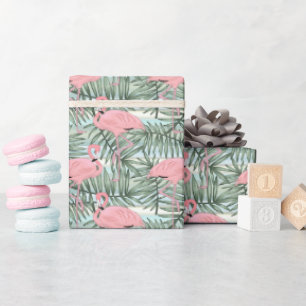 Papel De Presente Flamingos Rosa Hip Artístico Padrão Folhas de Palm