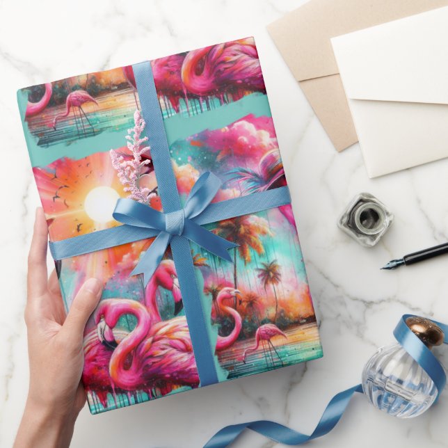Papel De Presente Flamingos Rosa Tropicais Palmeiras Palmeiras Teais (Presentear)