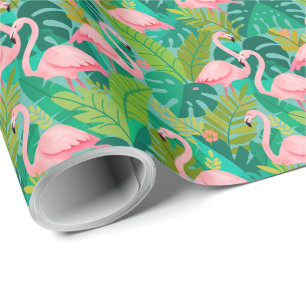 Papel De Presente Flamingos Rosa Tropical Folhagem da Selva