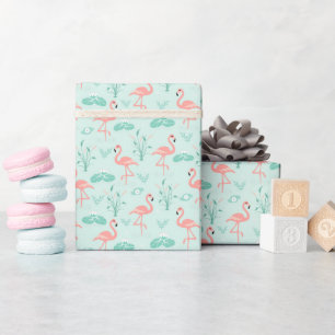 Papel De Presente Flamingos Rosa Verde Aves Tropicais