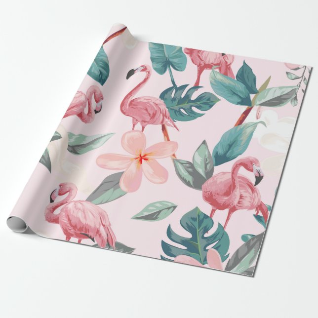 Papel De Presente flamingos sem costura e flores tropicais ilustrado (Desenrolado)