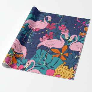 Papel De Presente Flamingos sobre fundo de folhas tropicais e f