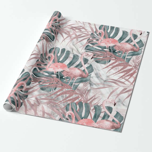 Papel de Presente Flamingos Tropicais Rosa Dourado (Desenrolado)