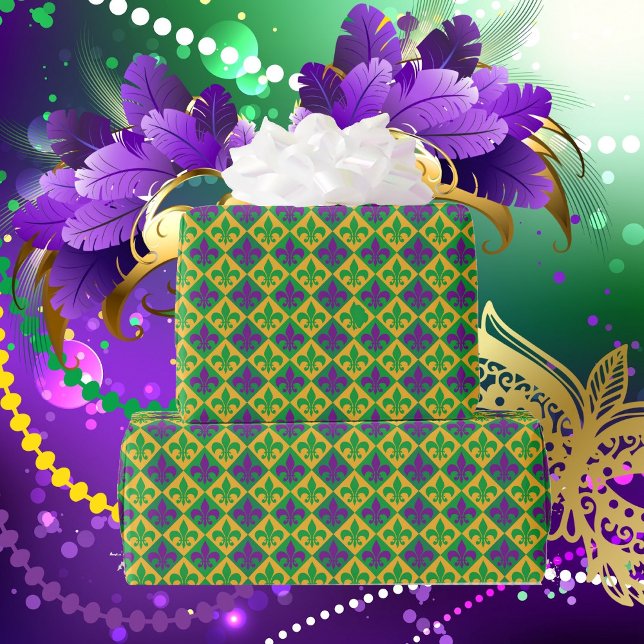 Papel De Presente Fleur de lis Mardi Gras Purple Green Yellow (Criador carregado)