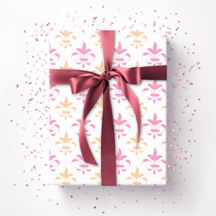 Papel De Presente Fleur de Lis Pinturesca em Rosa e Laranja