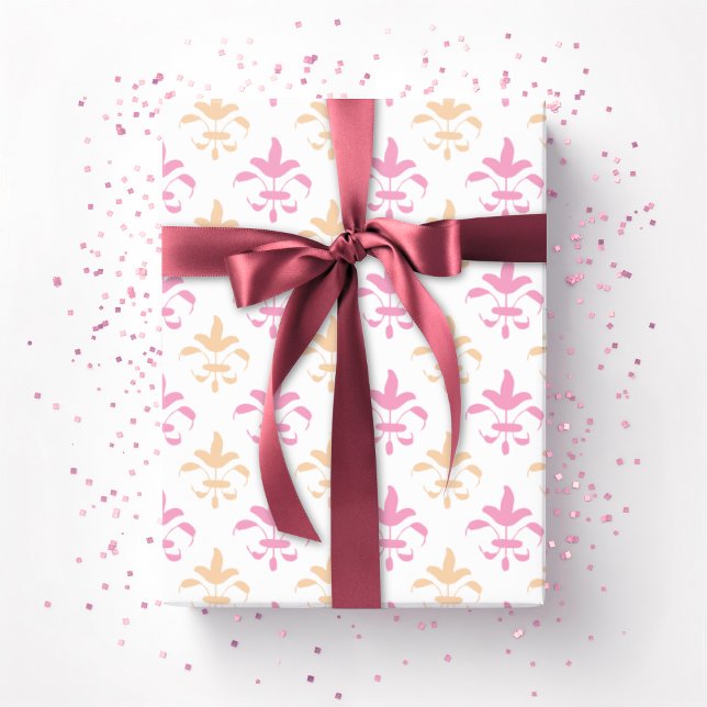 Papel De Presente Fleur de Lis Pinturesca em Rosa e Laranja (Criador carregado)