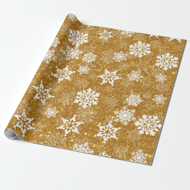 Papel De Presente Floco de Neve Branco Amarelo Luxurioso Natal Elega (Desenrolado)