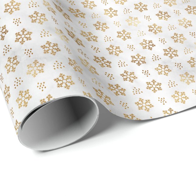 Papel De Presente Floco de Neve Clássico Dourado na Neve Natal Féria (Ponta do rolo)