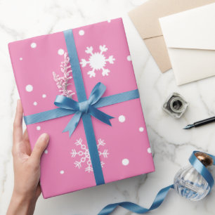 Papel De Presente Floco de neve de Natal com bolinhas rosa e branca