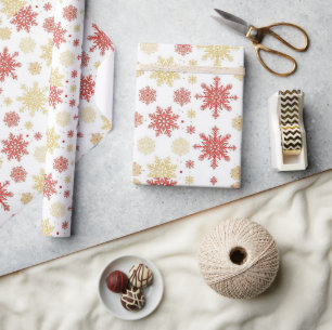 Papel De Presente Floco de Neve de Natal Vermelho Dourado