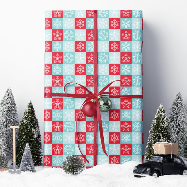 Papel De Presente Floco de Neve de Natal Xadrez Vermelho Azul  (Criador carregado)