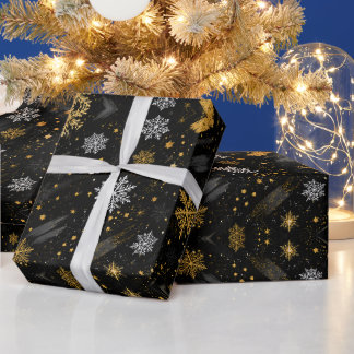 Papel De Presente Floco de Neve Dourado e Branco Padrão Grunge Preto