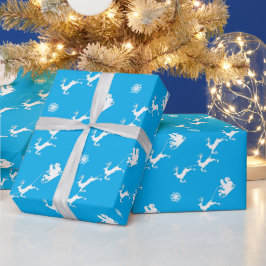 Papel De Presente Floco de neve e Papai Noel com trenó em AZUL