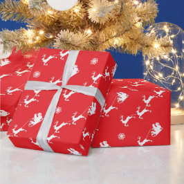 Papel De Presente Floco de neve e Papai Noel com trenó no Natal Verm