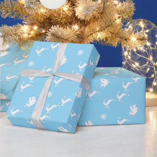 Papel De Presente Floco de neve e Papais noeis com Sleigh em AZUL cl