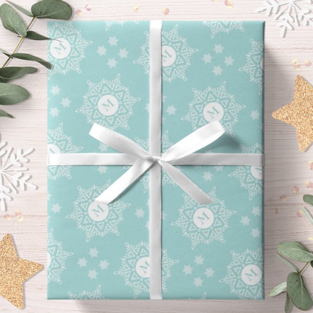 Papel De Presente Floco de neve Monograma Moderno Natal Aqua (Criador carregado)