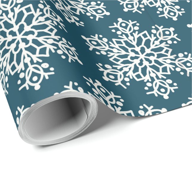Papel De Presente Floco de neve Padrão Azul de Natal branco (Ponta do rolo)