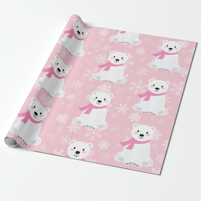 Papel De Presente Floco de Neve Polar Bear Garota Rosa (Desenrolado)