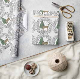 Papel De Presente Floco de Neve Prateado com Veado de Cauda Branca