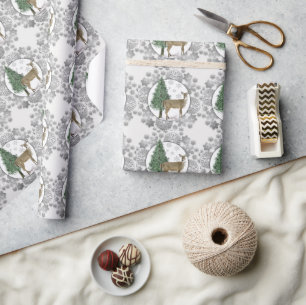 Papel De Presente Floco de Neve Prateado com Veado de Cauda Branca