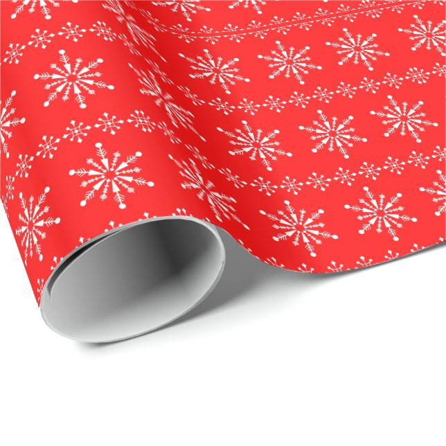 Papel De Presente Flocos de neve Abstrato de Natal Vermelho e Branco (Ponta do rolo)