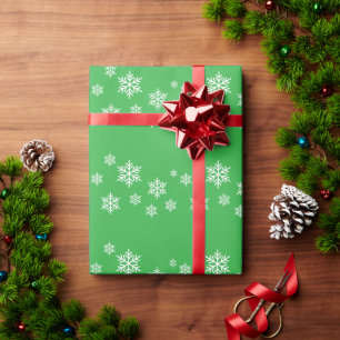 Papel De Presente Flocos de Neve Alpinos Brancos Festivos em Verde B