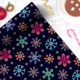 Papel De Presente Flocos de Neve Arco-íris Azul Marinho Natal