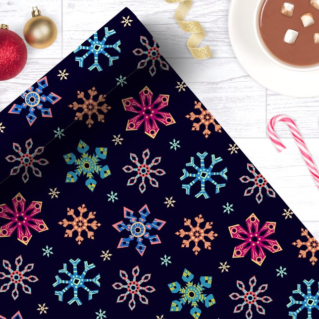 Papel De Presente Flocos de Neve Arco-íris Azul Marinho Natal (Criador carregado)