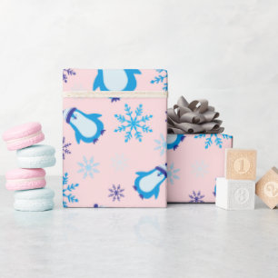 Papel De Presente Flocos de neve azuis e Rosas claro pinguins bonito