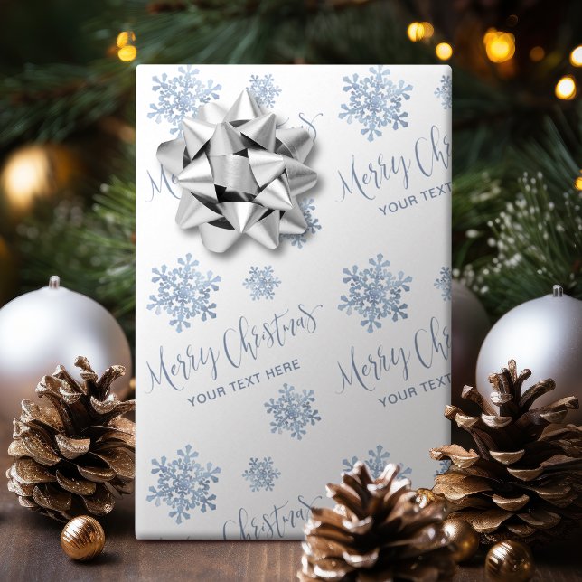 Papel De Presente Flocos de neve azuis Feliz Natal Personalizado (Blue Snowflakes Merry Christmas Calligraphy Custom Wrapping Paper)