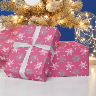 Papel De Presente Flocos de neve bonito e faíscas de Natal rosa quen