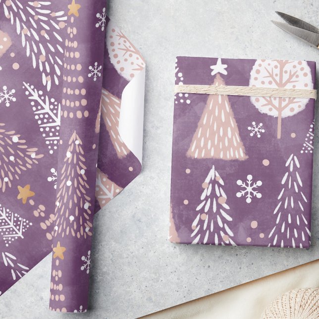 Papel De Presente Flocos de neve bonitos e árvores de Natal, roxo e  (Criador carregado)