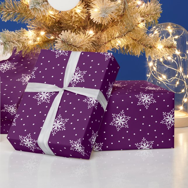 Papel De Presente Flocos de Neve Brancos Bolinhas Roxas Natal (Feriados)