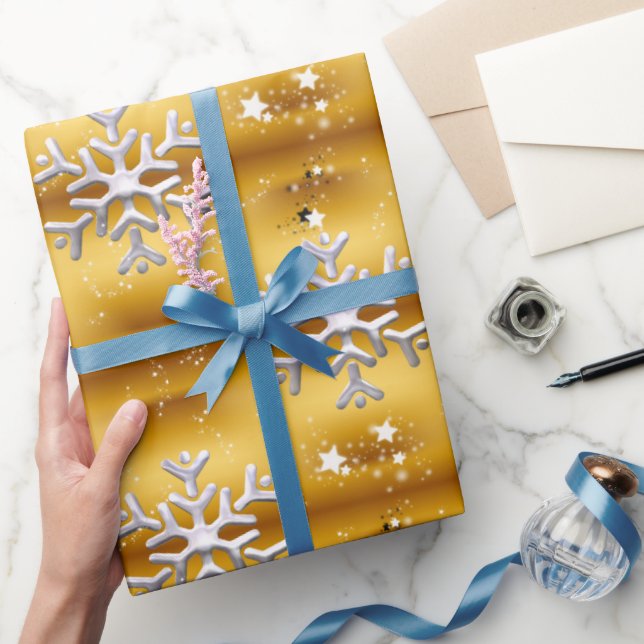 Papel De Presente Flocos de neve brancos no Dourado Natal (Presentear)