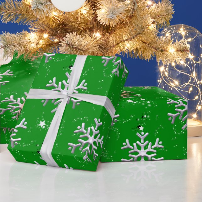 Papel De Presente Flocos de neve brancos no Natal verde (Feriados)