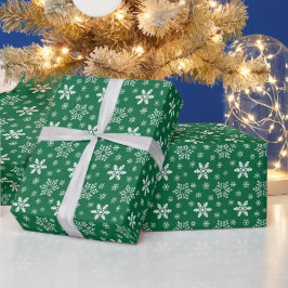 Papel De Presente Flocos de Neve Brancos Verdes Festa Natalícia