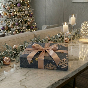 Papel De Presente Flocos de Neve Brilhantes Dourado Rosa Elegante Mo