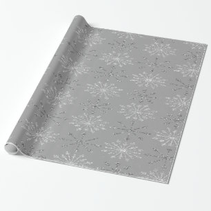 Papel De Presente Flocos de Neve Brilho Prata Branco Cinza
