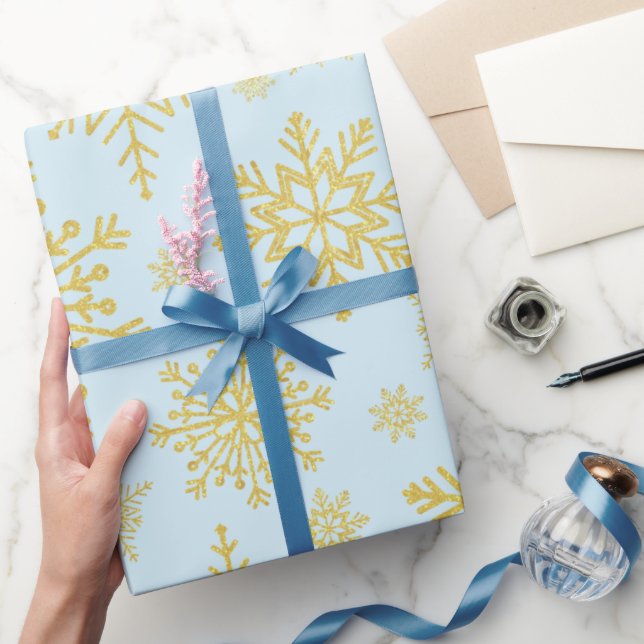 Papel De Presente Flocos de neve com brilho Dourado espumante (Presentear)
