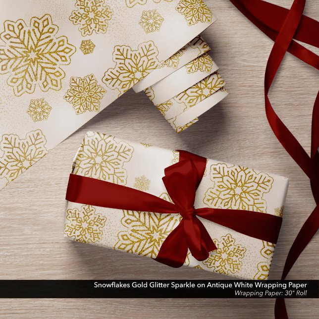 Papel De Presente Flocos de neve com brilho Dourado no branco antigo (Antique White Wrapping Paper with Sparkling Gold Glitter Snowflakes)