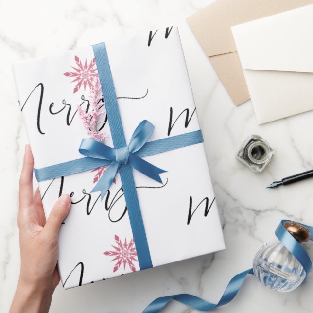 Papel De Presente Flocos de neve cor-de-rosa caligrafia Natal (Presentear)