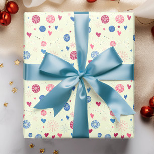 Papel De Presente Flocos de Neve Corações Rosa Azul Padrão de Natal