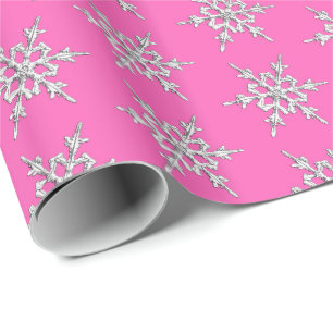 Papel De Presente Flocos de neve, cristais prateados em rosa fuchsia
