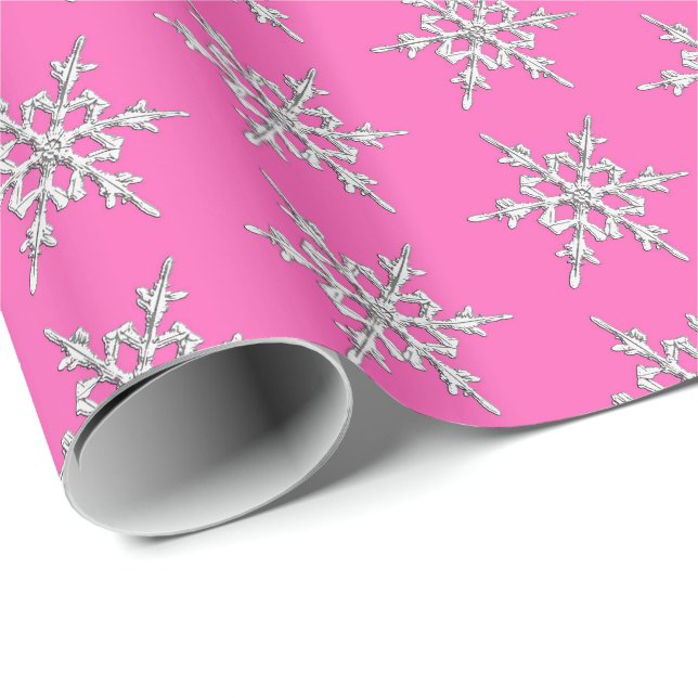 Papel De Presente Flocos de neve, cristais prateados em rosa fuchsia (Ponta do rolo)