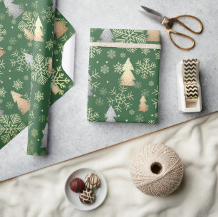 Papel De Presente Flocos de neve da árvore de Natal Dourada e prate