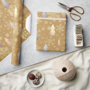 Papel De Presente Flocos de neve da árvore de Natal Dourada e pratea